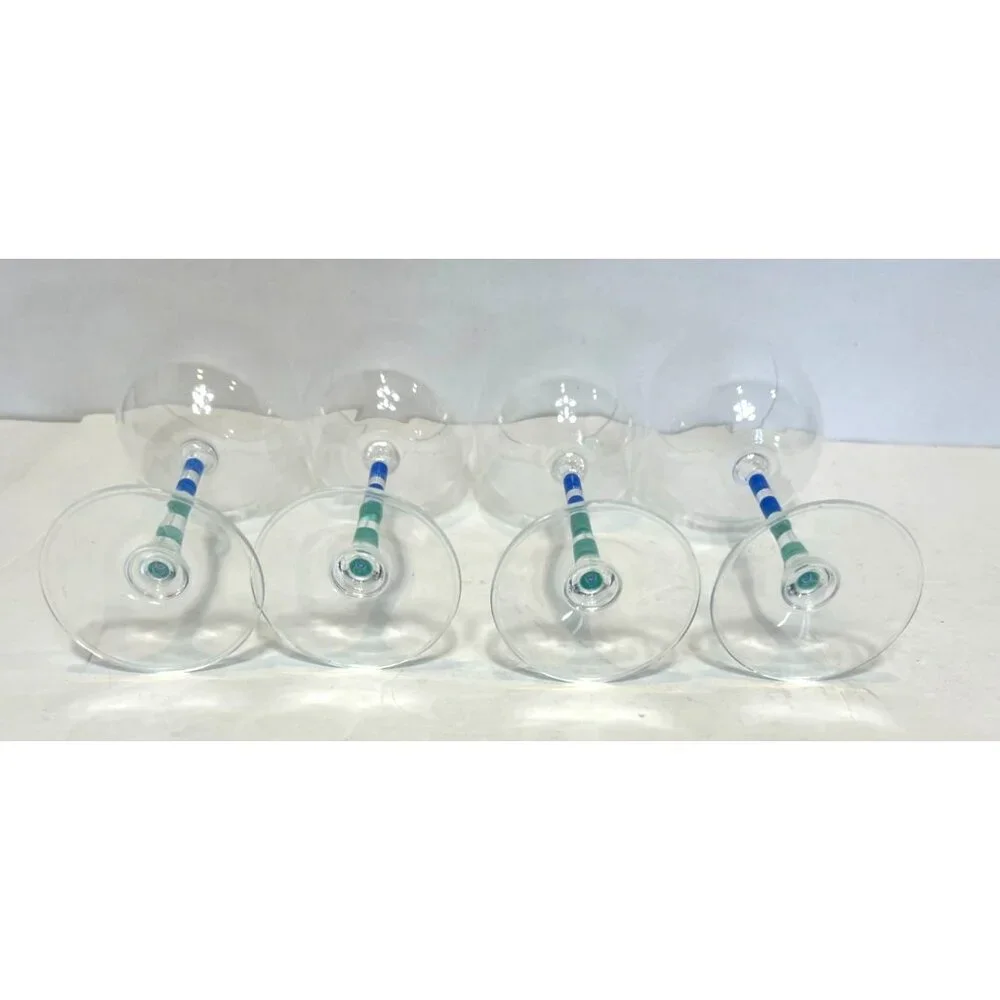 Set (4) Vintage Pier 1 Hand Painted Water Goblets Wine Glasses Blue Green Stripe